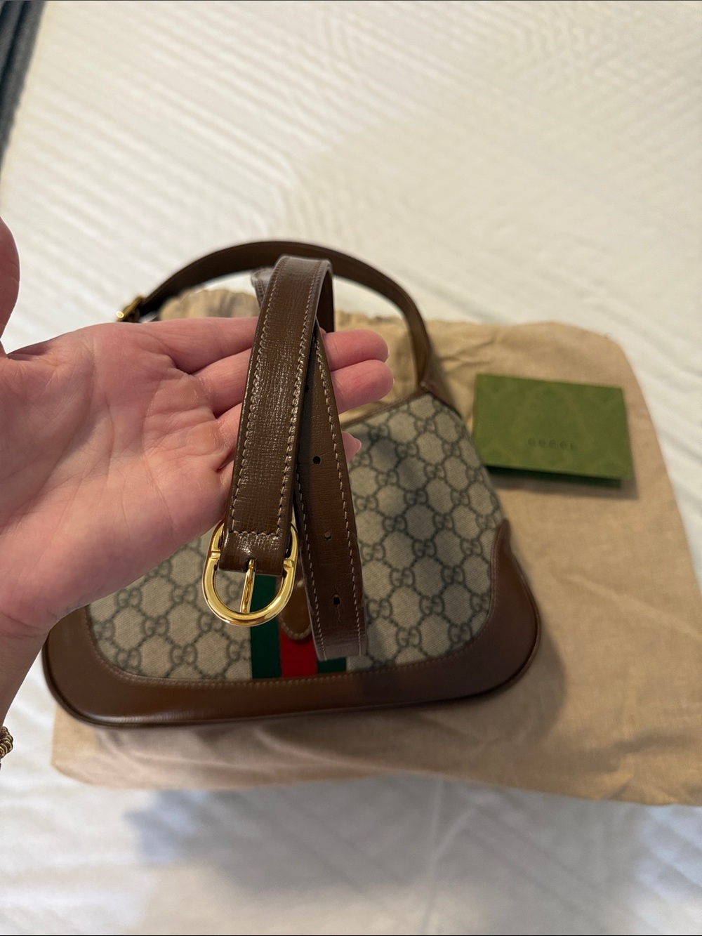 Gucci Brown GG Supreme Shoulder Bag with Green-Red Web - Picture 15 of 16